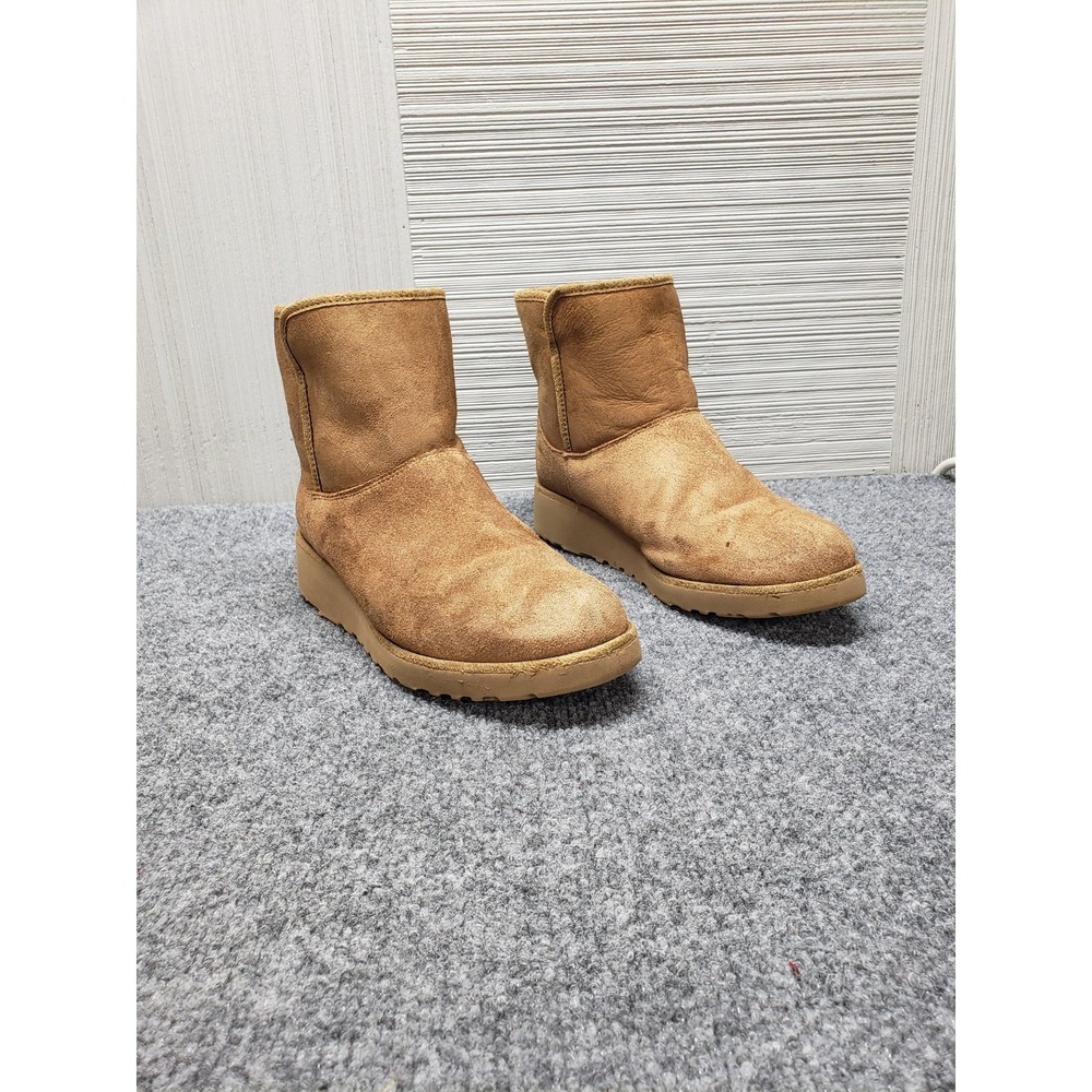 UGG Women Ankle Mini Boots 9 Beige Faux Fur Lined Slip On Round Toe Logo Casual